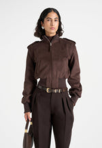 Delfina - Suede Layered-Shoulder Cropped Bomber Jacket - Brown
