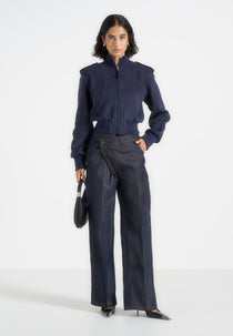 Delfina - Suede Layered-Shoulder Cropped Bomber Jacket - Navy