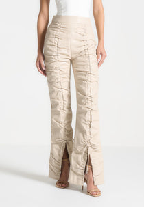 Leather Ruched Trousers - Beige