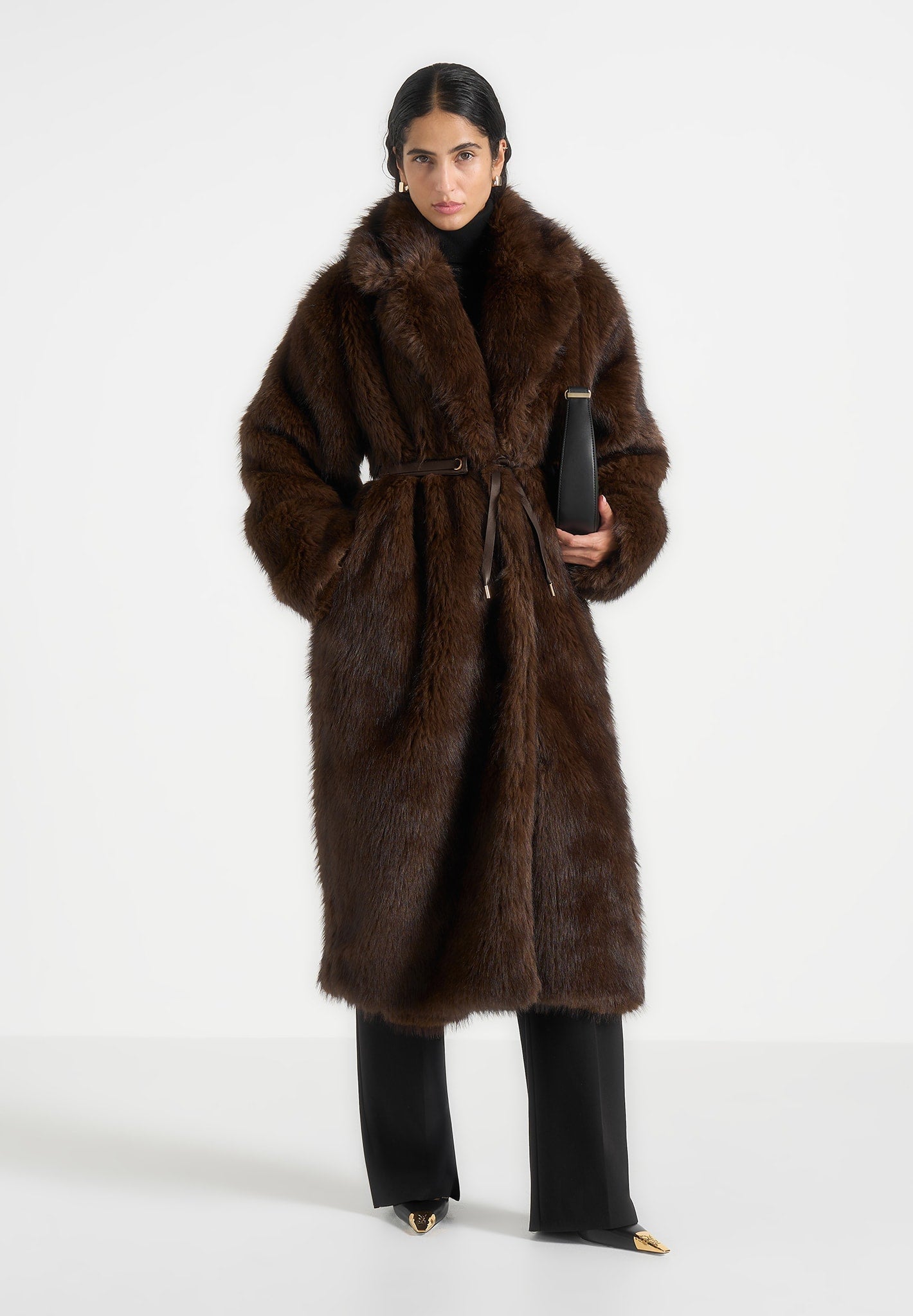 Bria - Oversized Faux Fur Coat With Belt - Brown