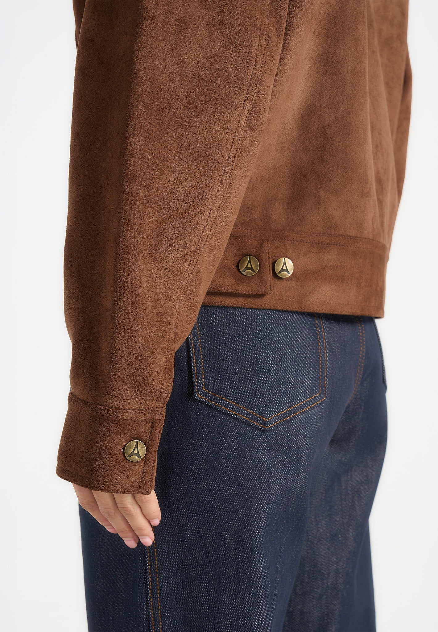 Nino - Unisex Clasp Detail Contrast Stitch Suede Jacket - Tan