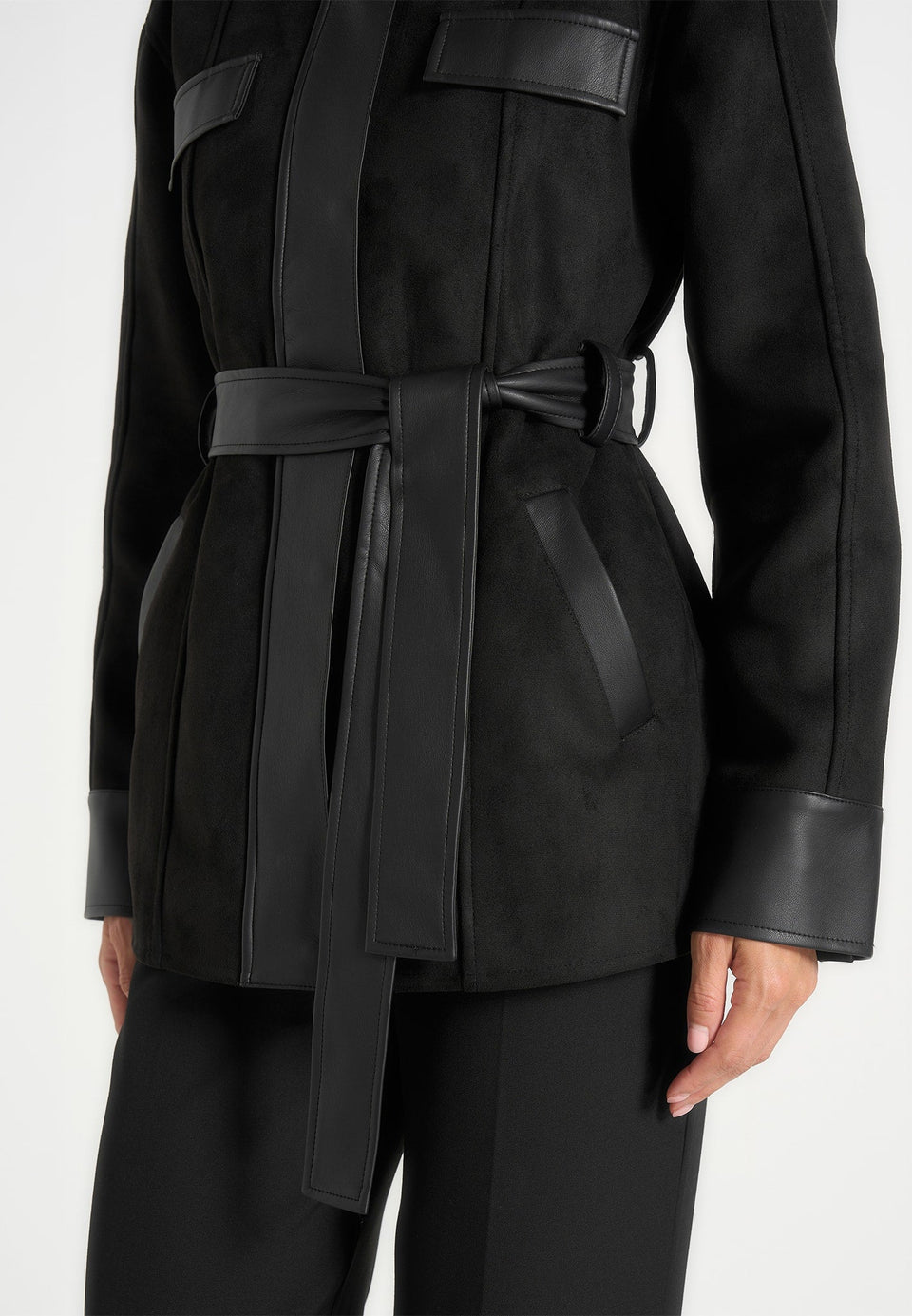 Annika - Suede Belted Utility Jacket - Black