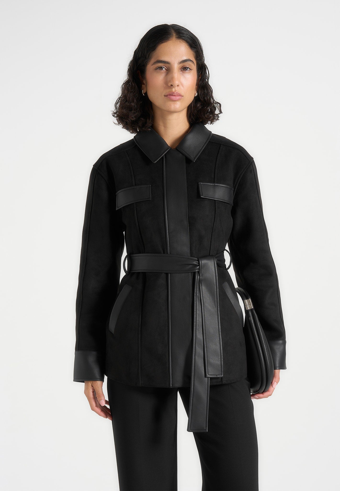 Annika - Suede Belted Utility Jacket - Black