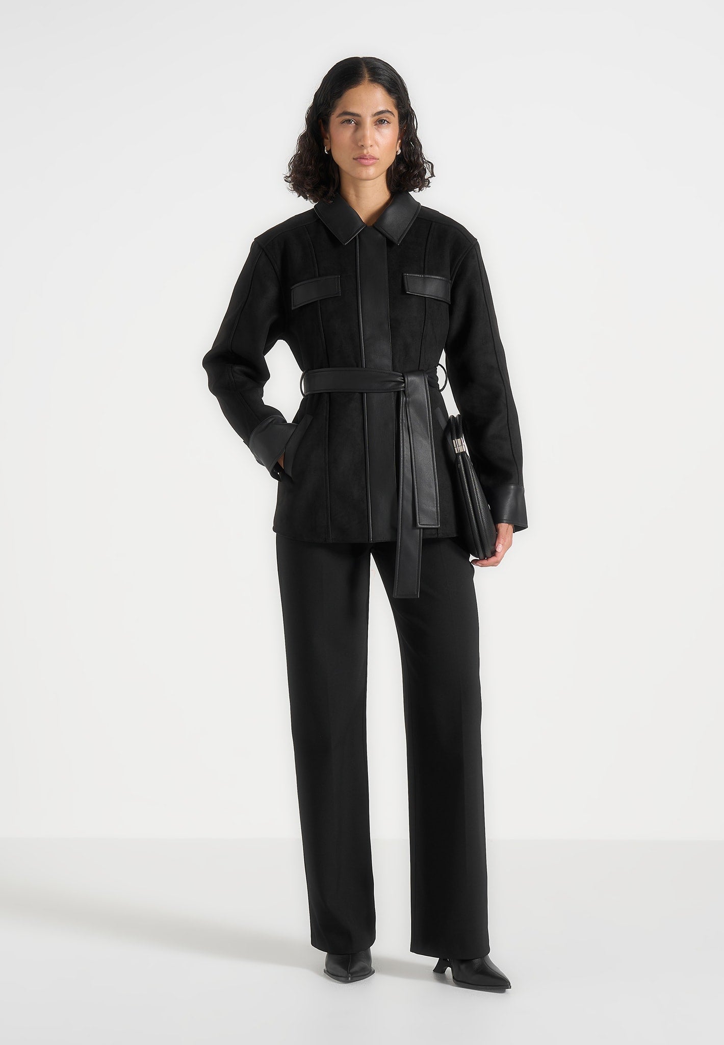 Annika - Suede Belted Utility Jacket - Black