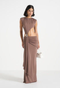 Ashley - Asymmetric Cut Out Hardware Detail Maxi Dress - Taupe