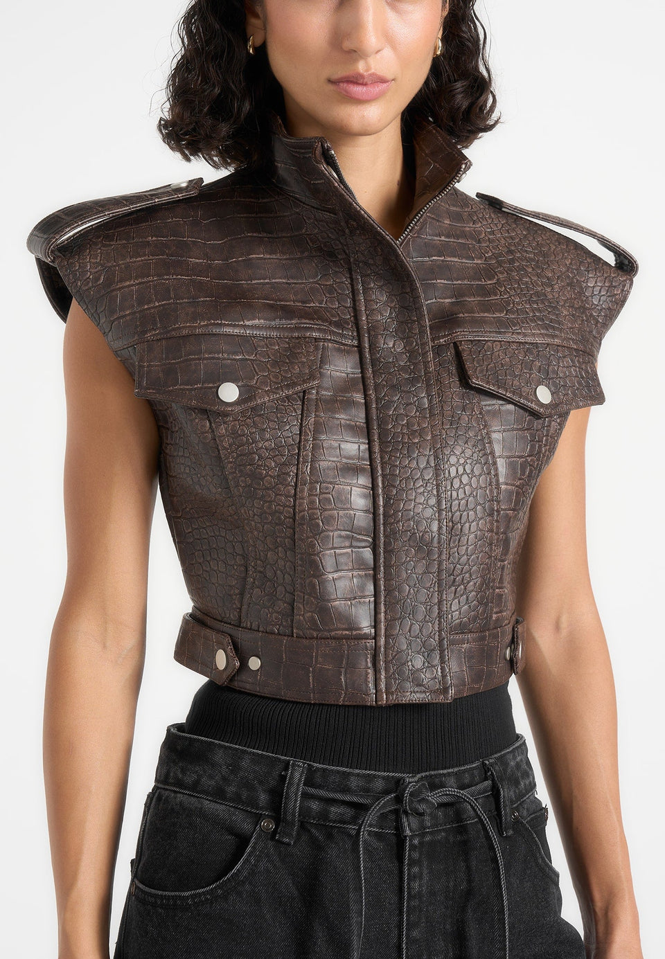 Imelda - Croc Embossed Wide Shoulder Sleeveless Jacket - Brown