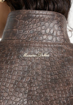 Imelda - Croc Embossed Wide Shoulder Sleeveless Jacket - Brown