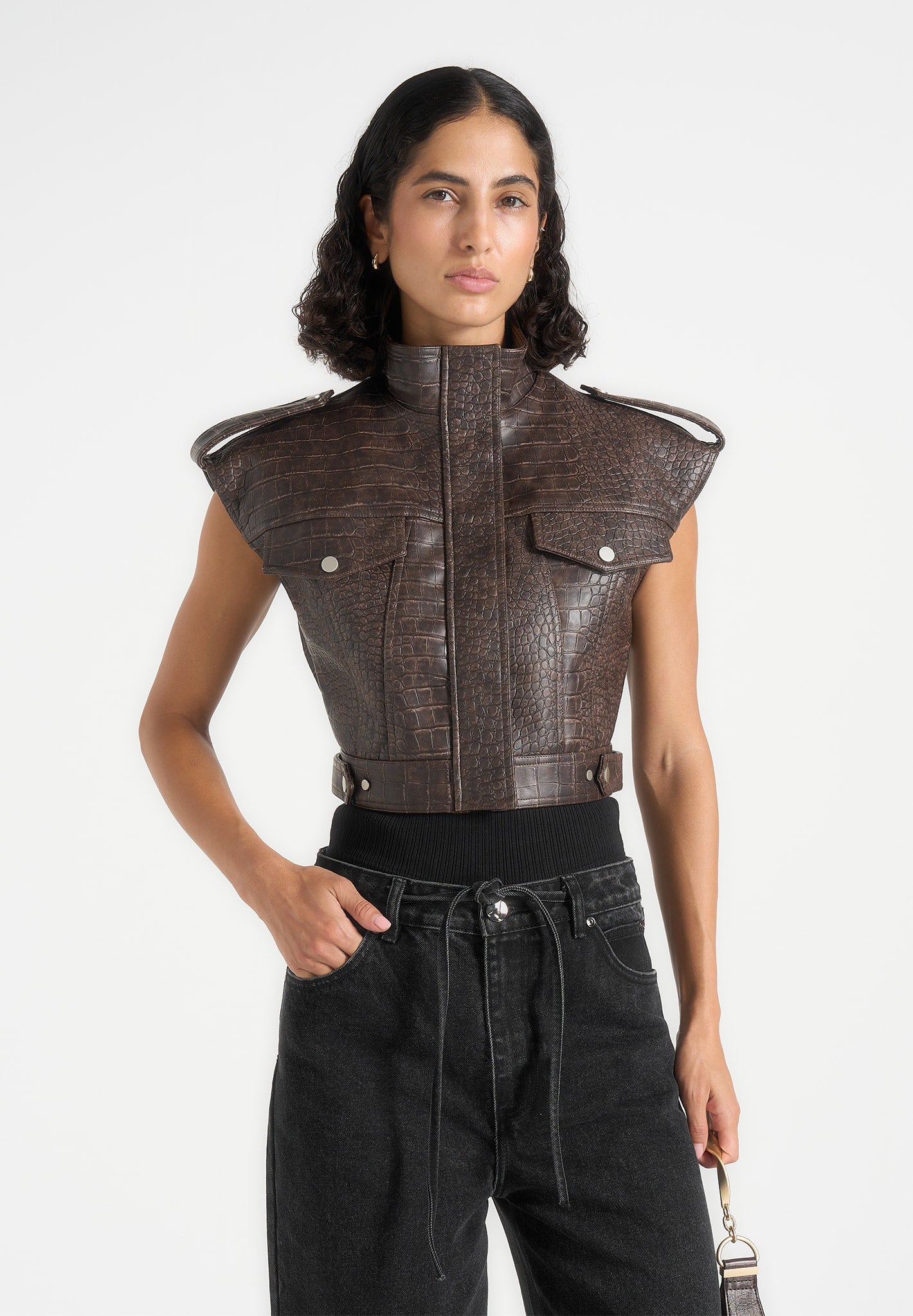 Imelda - Croc Embossed Wide Shoulder Sleeveless Jacket - Brown