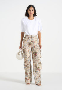 Emilie - High Waisted Tapestry Cargo Pants - Beige