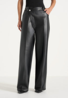 Astrid - Wrapover Wide Leg Leather Trousers - Black