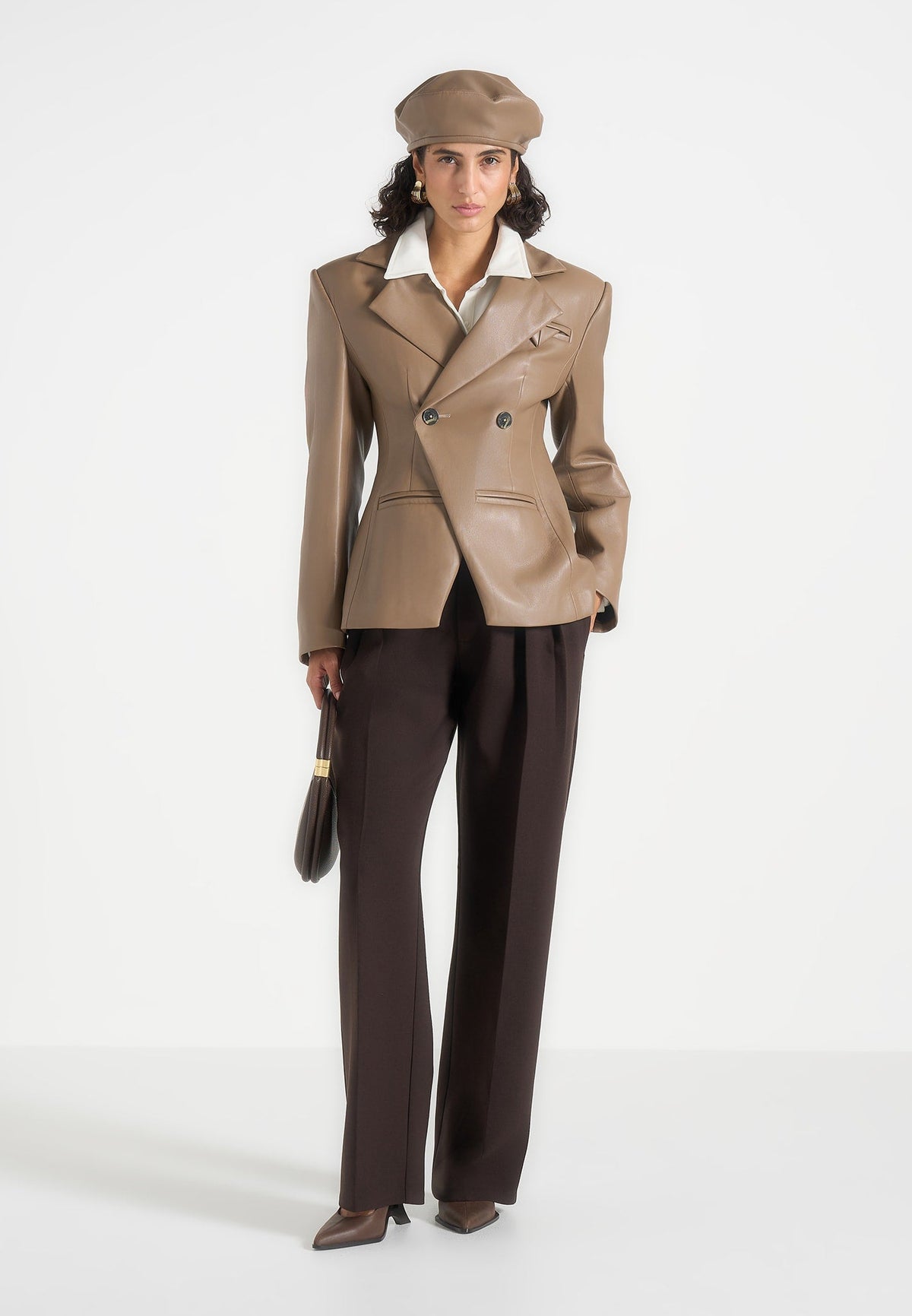 Beatrice - Leather Double Breasted Hourglass Blazer - Taupe