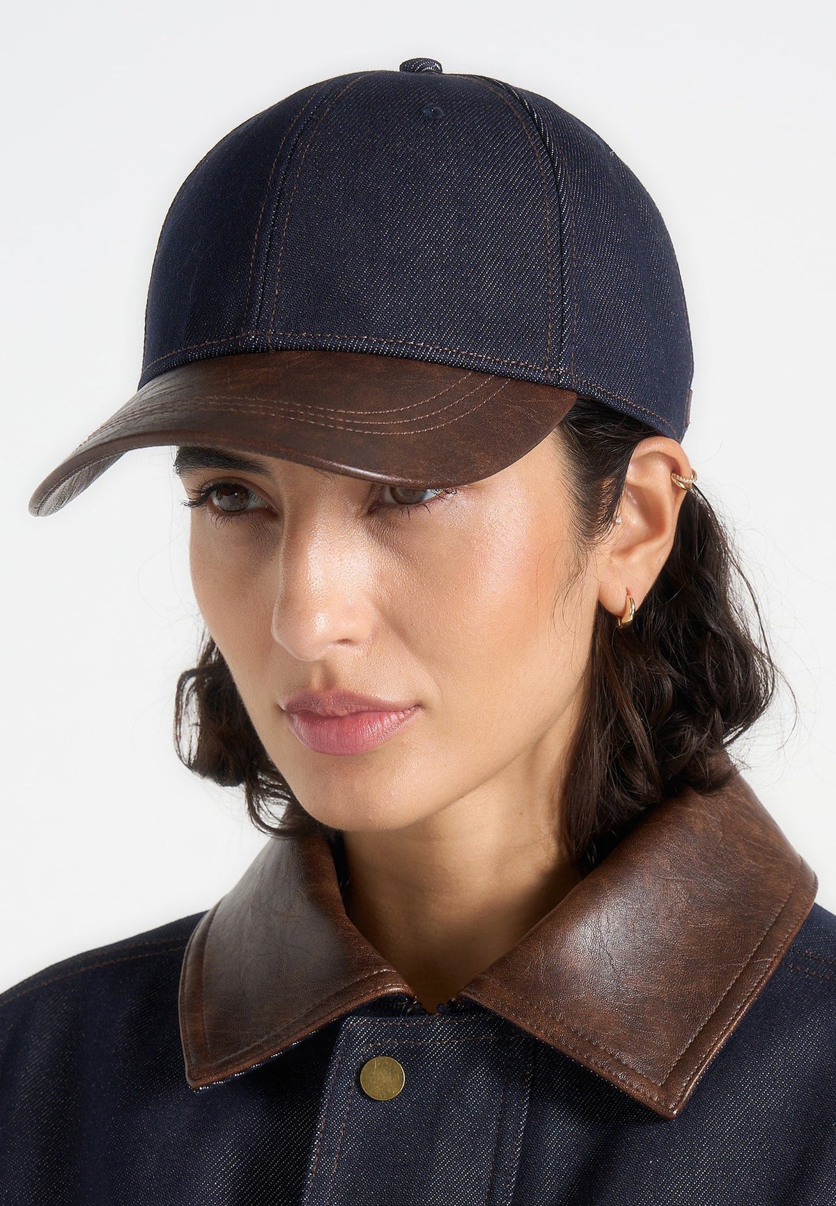 Ellis - Denim Cap With Leather Brim - Indigo