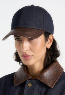 Ellis - Denim Cap With Leather Brim - Indigo