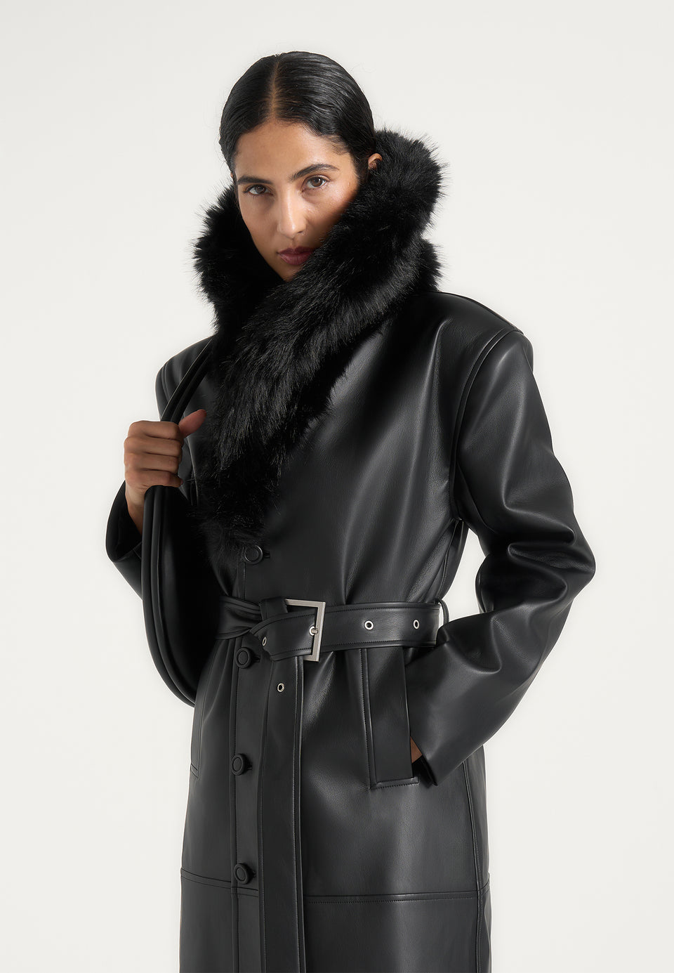 Cenya - Fur Collar Belted Leather Coat - Black