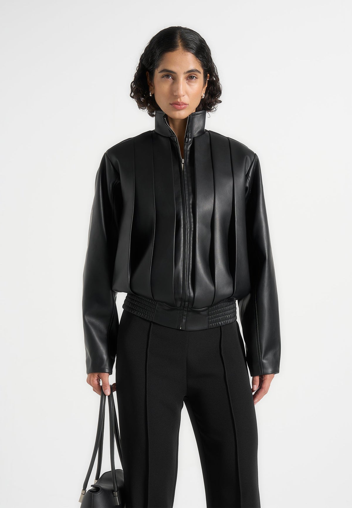 Kirsty - Oversized Pleated Leather Bomber Jacket - Black