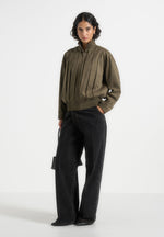 Piper - Oversized Pleated Suede Bomber Jacket - Dark Sage