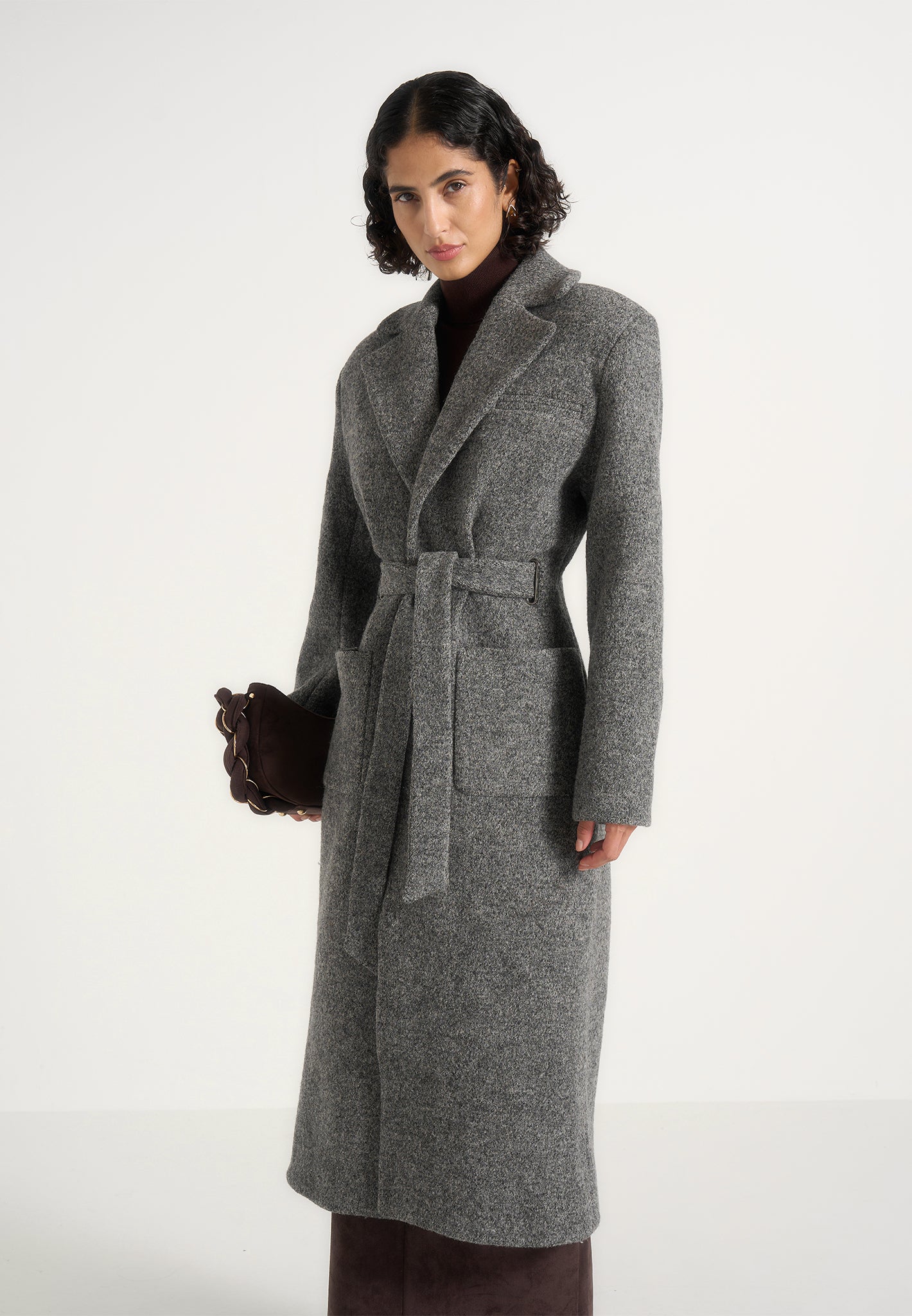 FASHIRU ファシル3way wool blend coat Jena - Wide Shoulder Wool Coat with Cinch Belt - Grey | Manière De