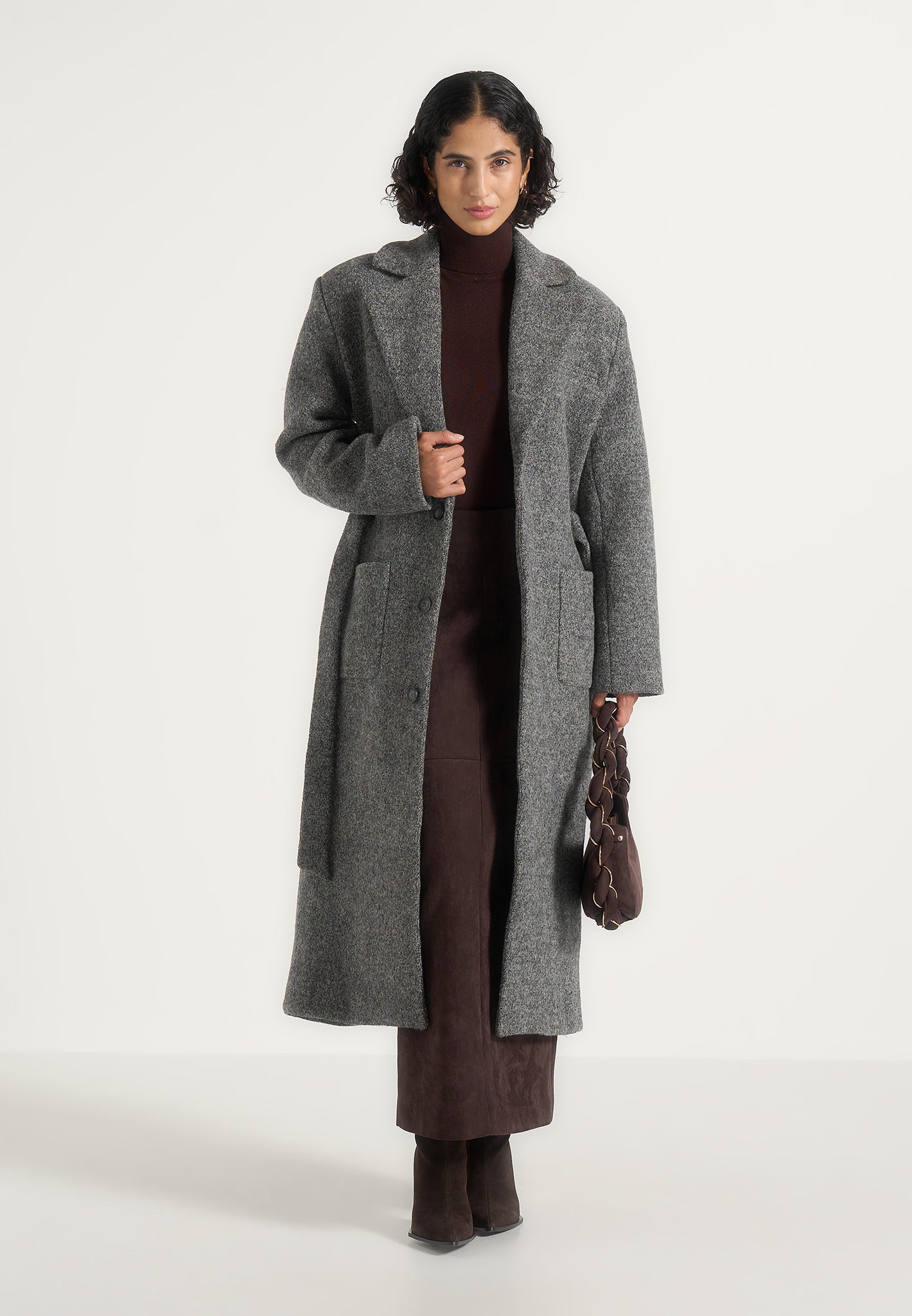 ジャケット・アウター 1995aw stone  wool coat Jena - Wide Shoulder Wool Coat with Cinch Belt - Grey | Manière De