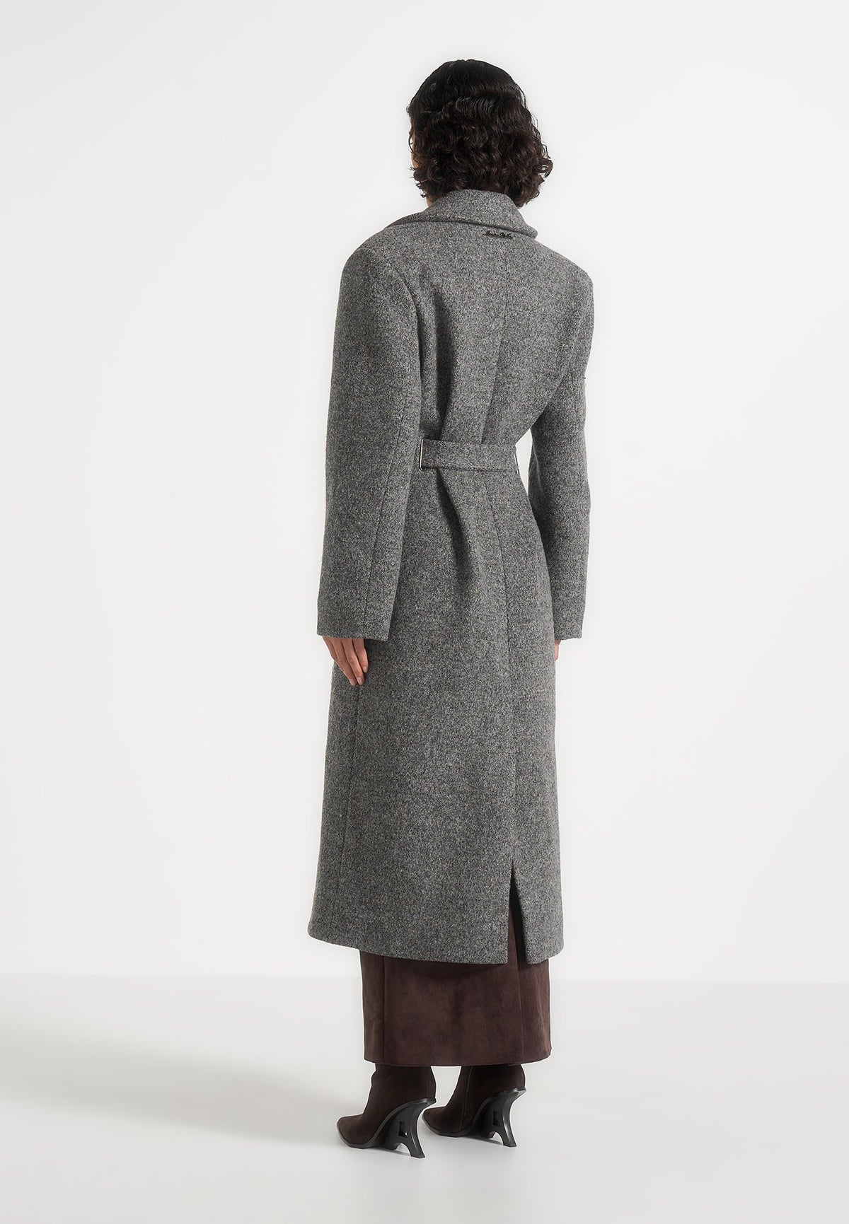 Jena - Wide Shoulder Wool Coat with Cinch Belt - Grey
