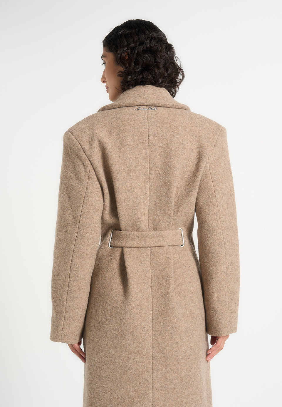 Jena - Wide Shoulder Wool Coat with Cinch Belt - Taupe