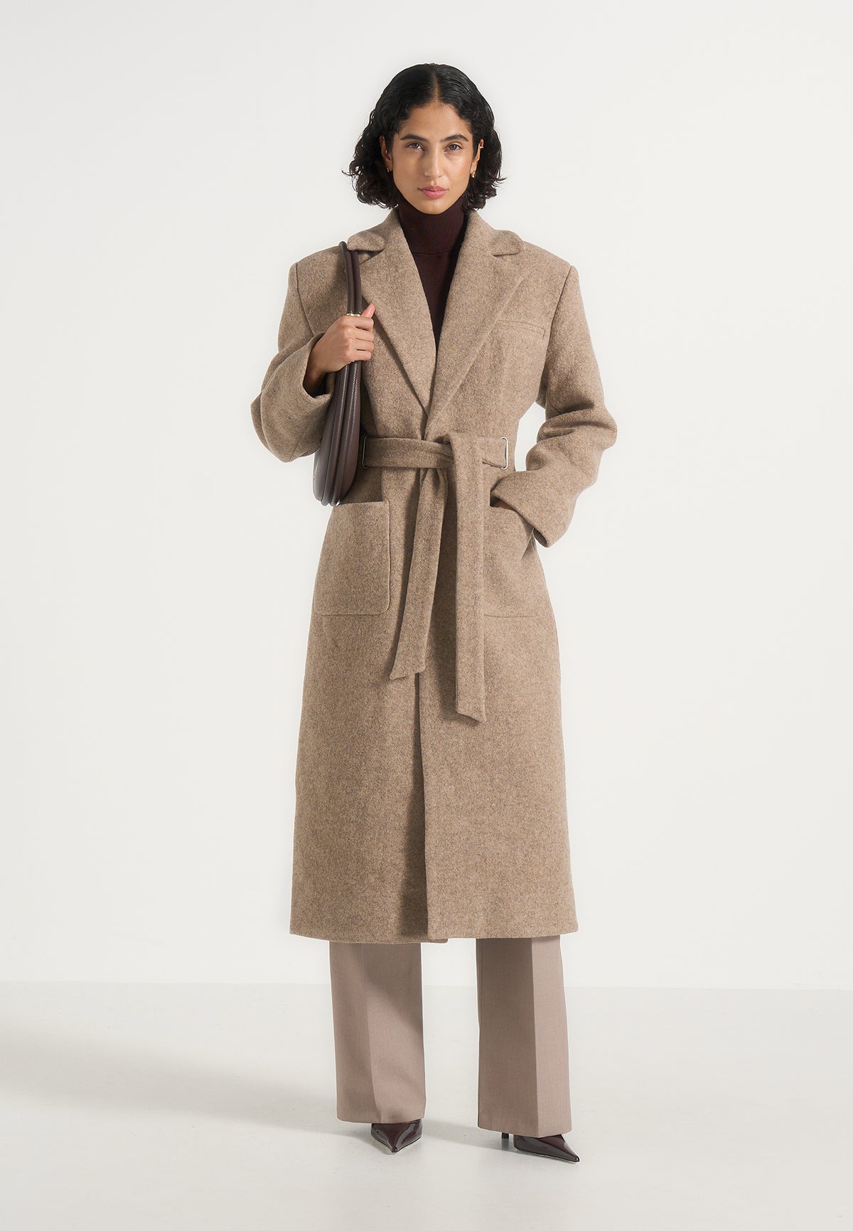 Jena - Wide Shoulder Wool Coat with Cinch Belt - Taupe