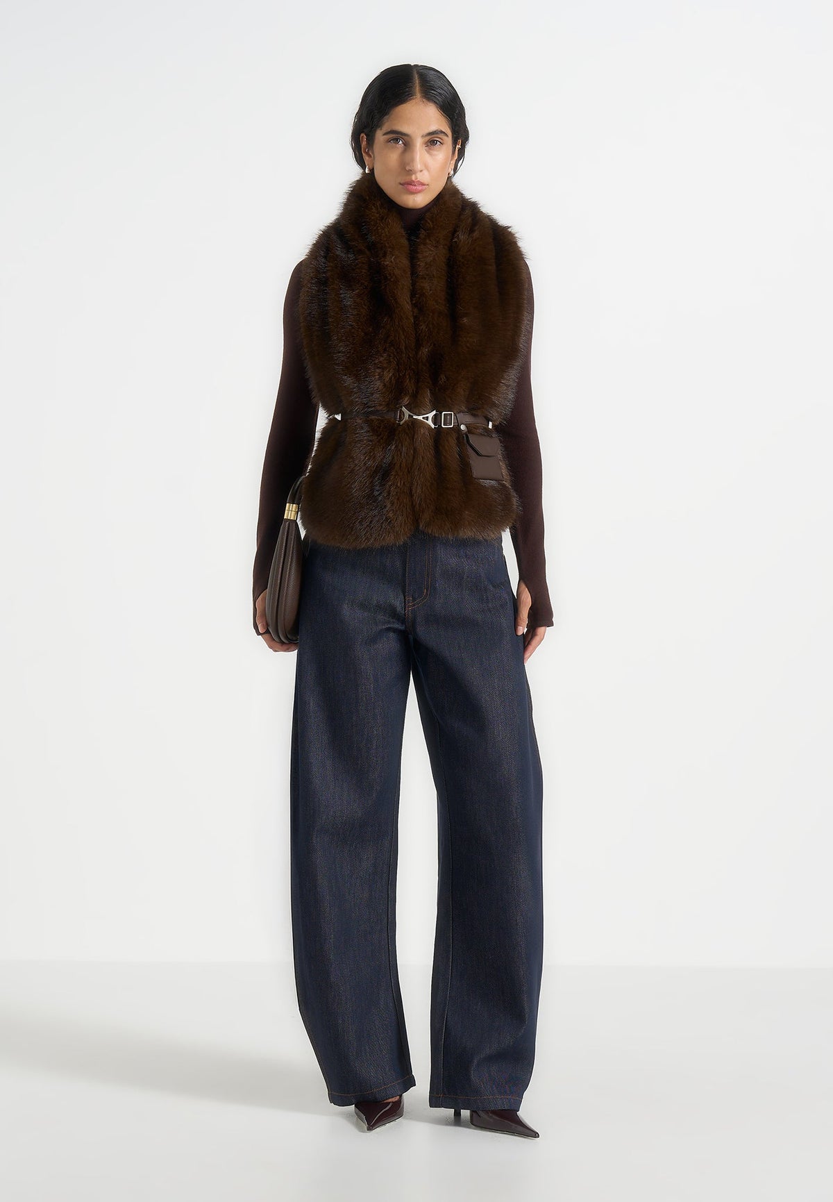 Greta - Belted Fur Wrap Jacket With Pouch - Brown