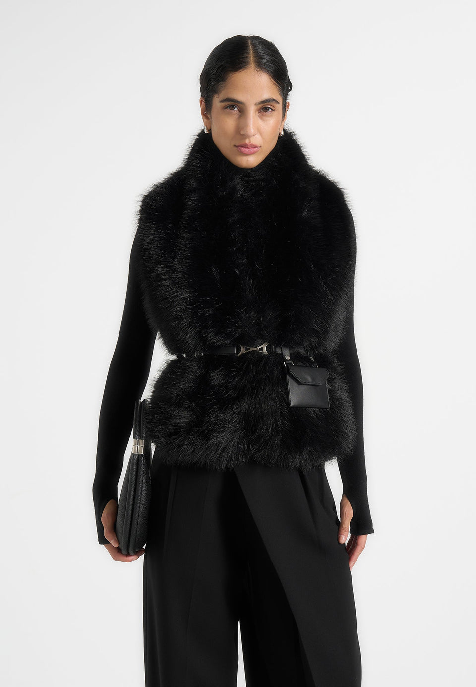 Greta - Belted Fur Wrap Jacket With Pouch - Black