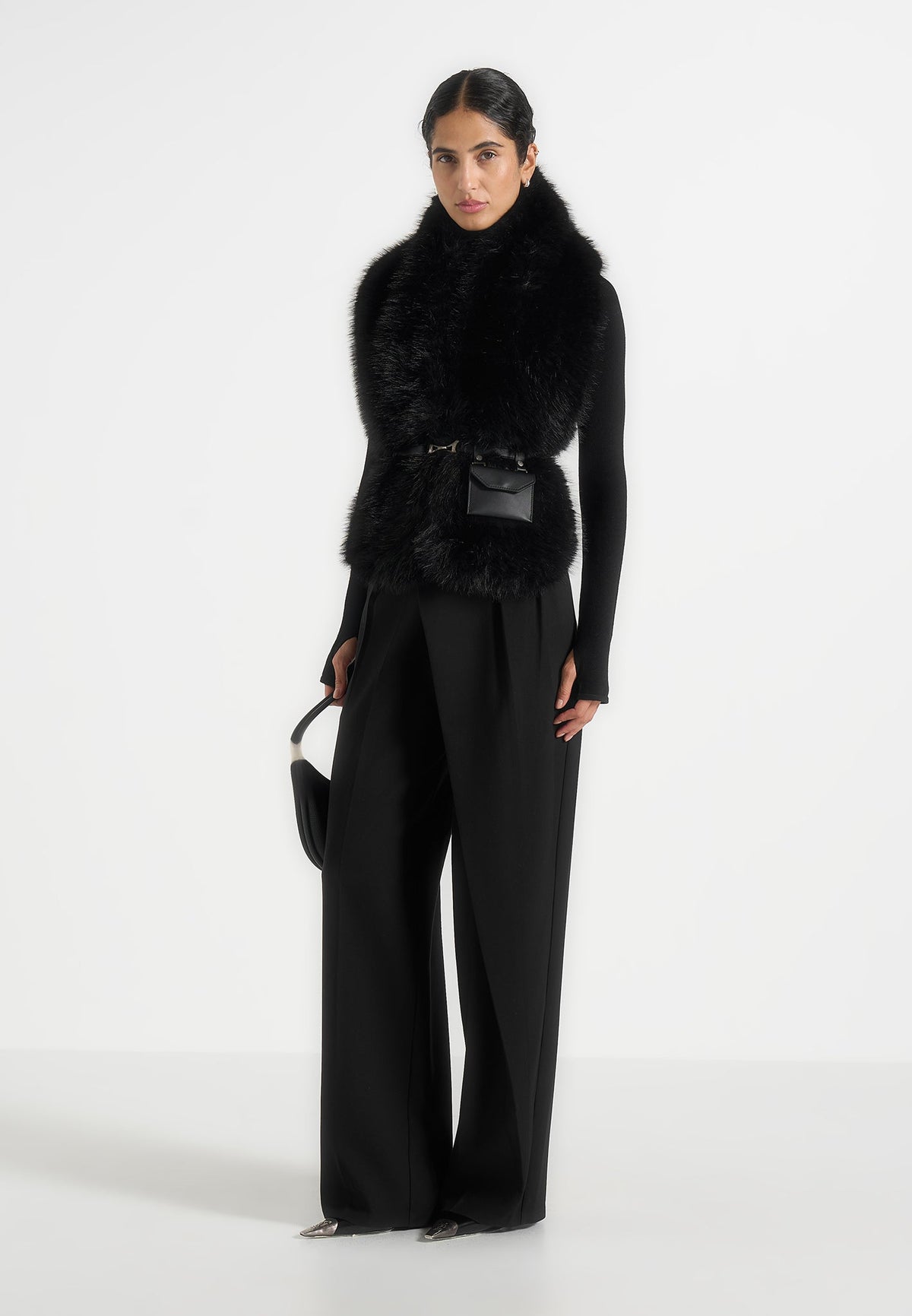 Greta - Belted Fur Wrap Jacket With Pouch - Black