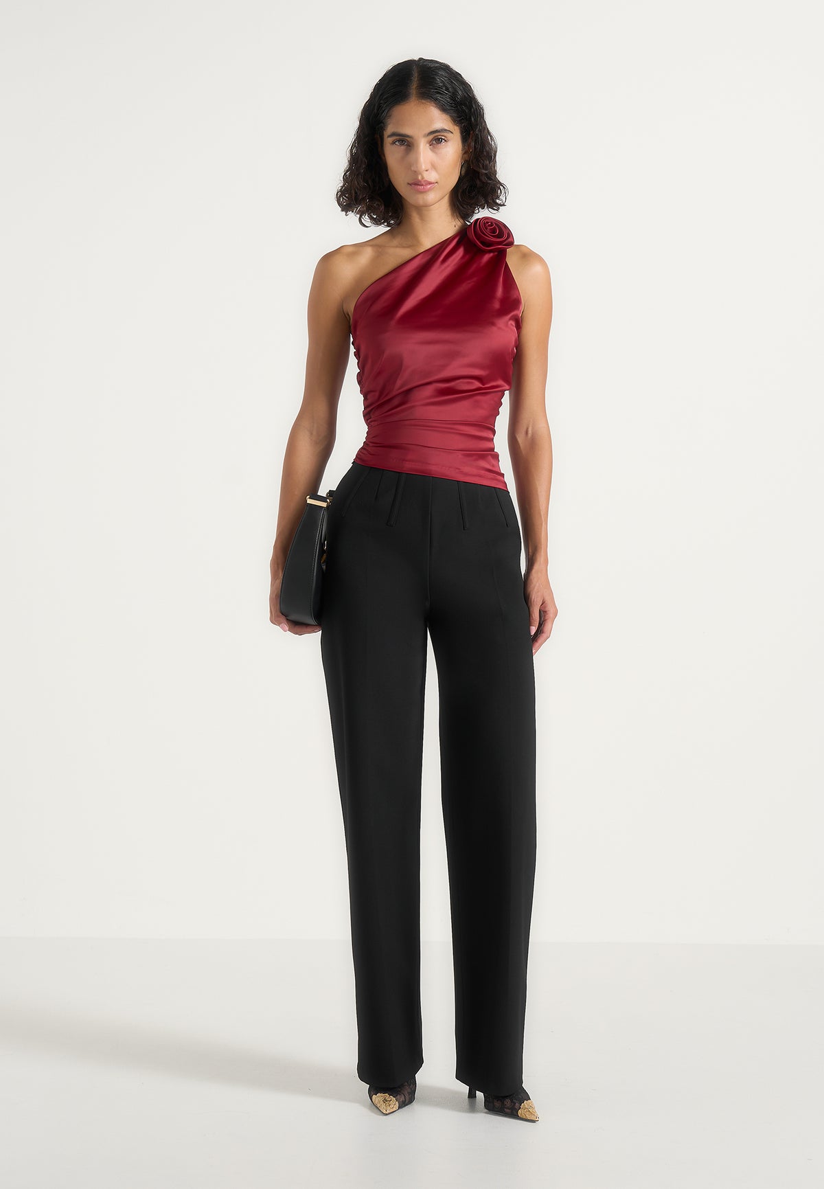 Heidi - One Shoulder Satin Rosette Top - Red