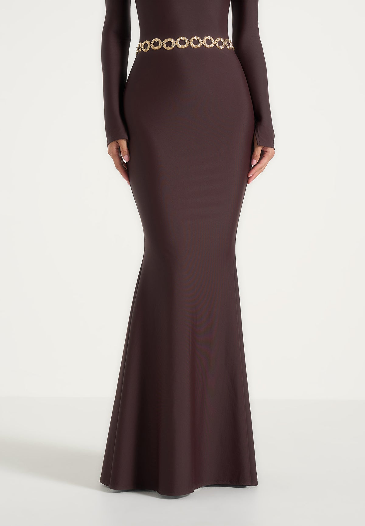 Angelica - High Neck Long Sleeve Maxi Dress With Chain Belt - Brown