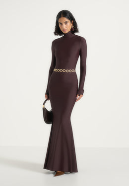 Angelica - High Neck Long Sleeve Maxi Dress With Chain Belt - Brown