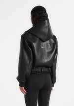Tamsin - Hooded Cropped Leather Jacket With Belt - Black
