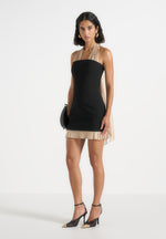 Fiore - Halter Mini Dress With Long Sash - Black / Champagne