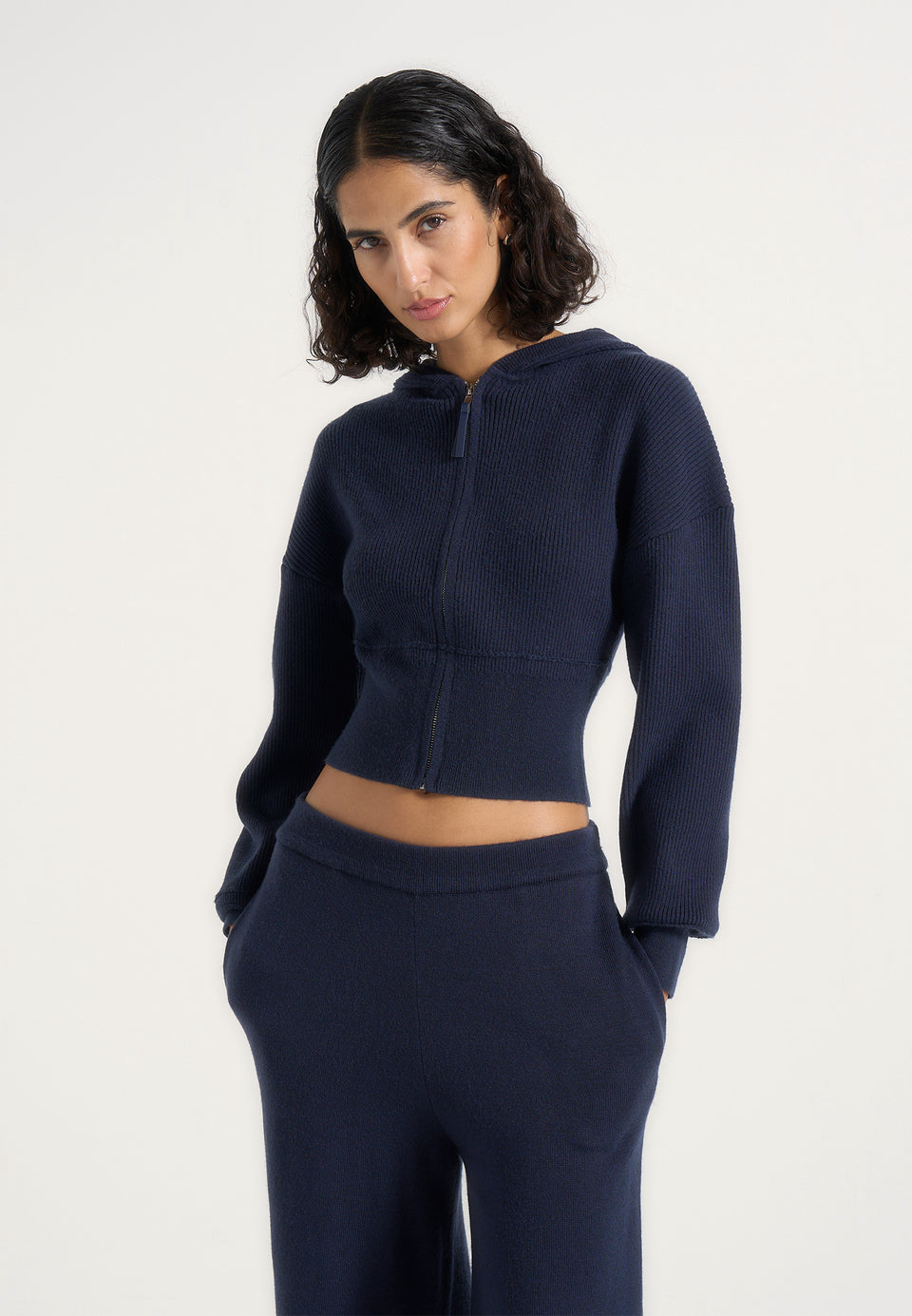 Lexie - Cropped Knit Zip Hoodie - Navy