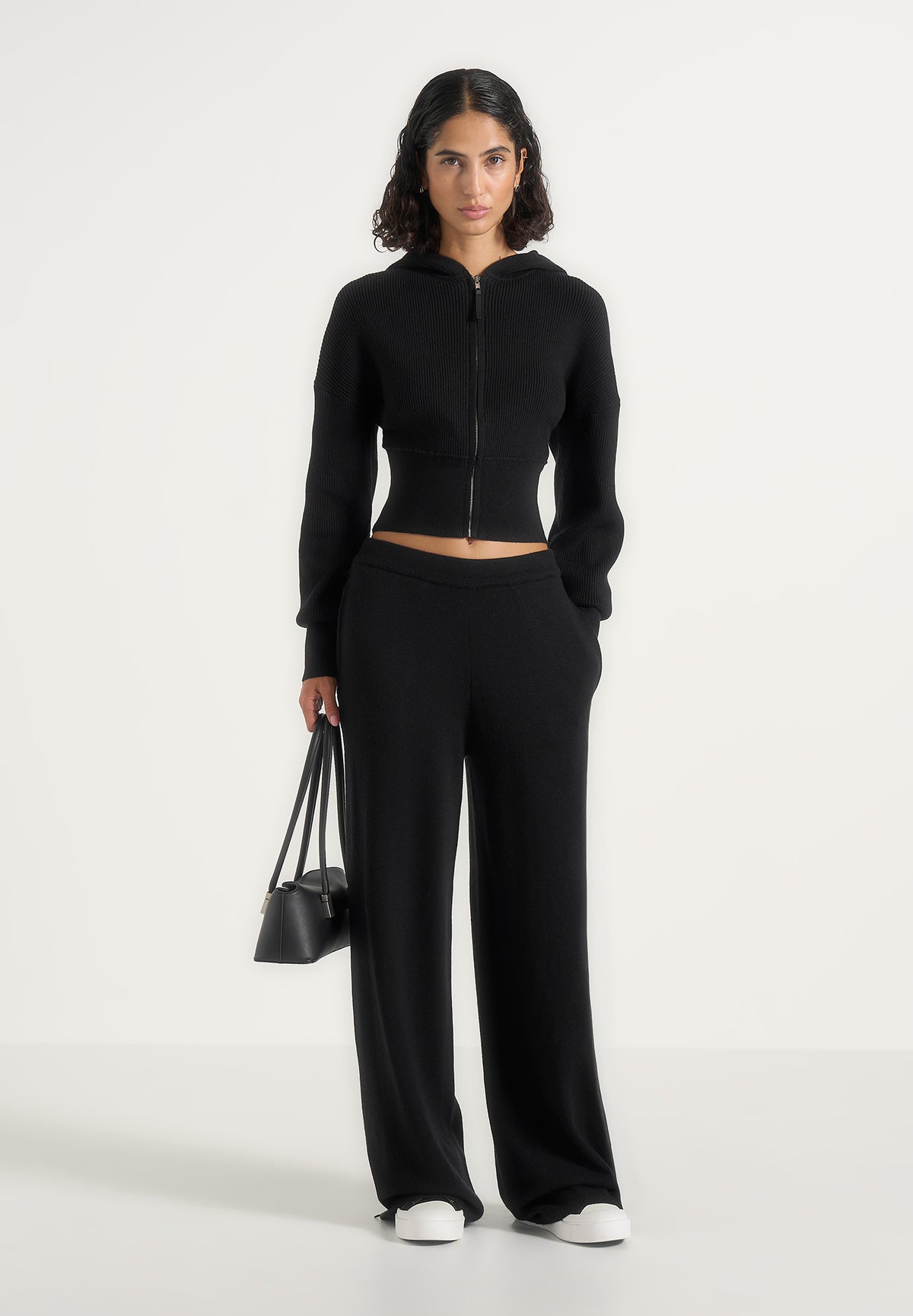 Lexie - Cropped Knit Zip Hoodie - Black