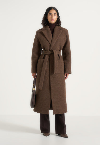 Jena - Wide Shoulder Wool Coat with Cinch Belt - Brown | Manière