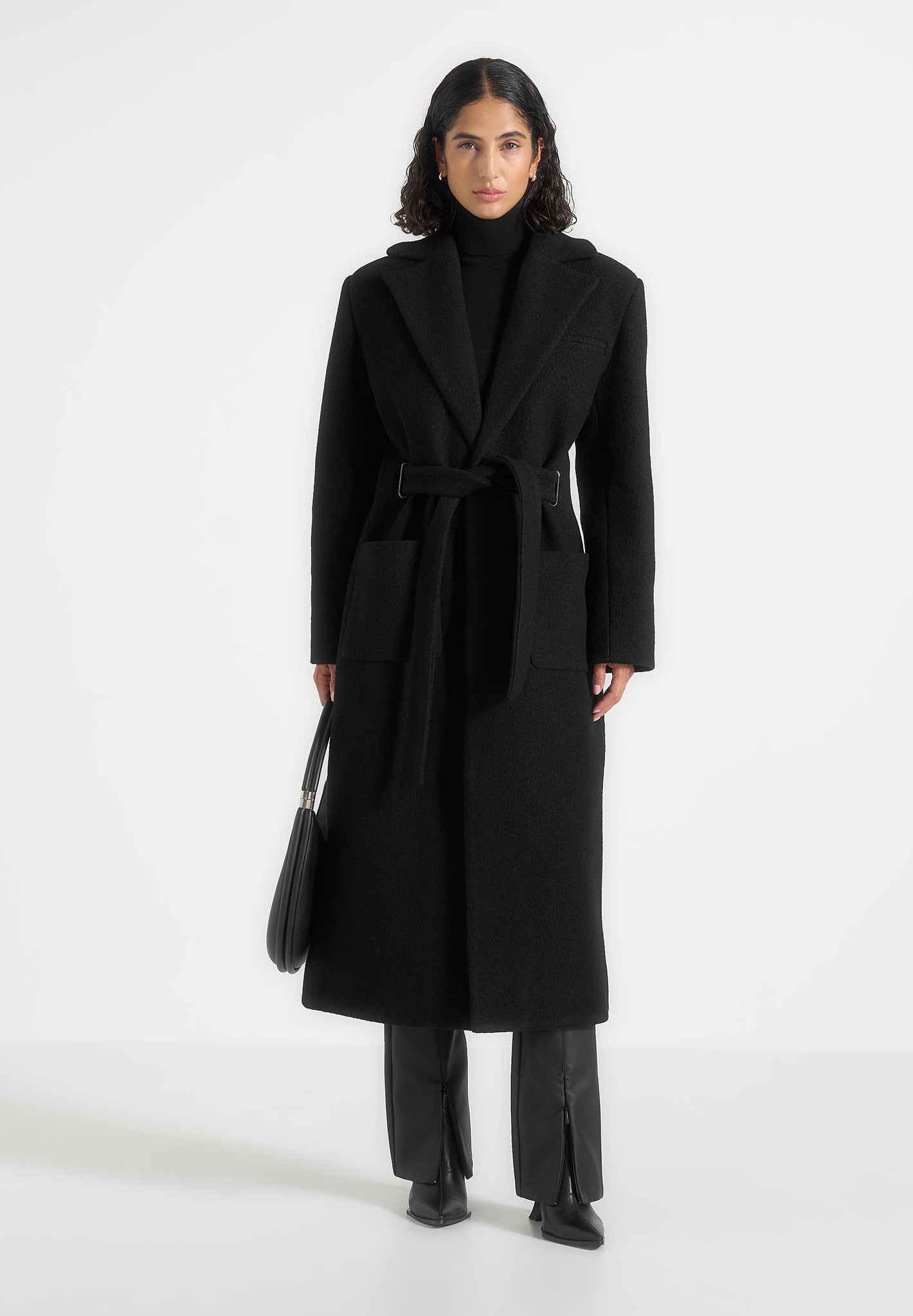 Jena - Wide Shoulder Wool Coat with Cinch Belt - Black | Manière