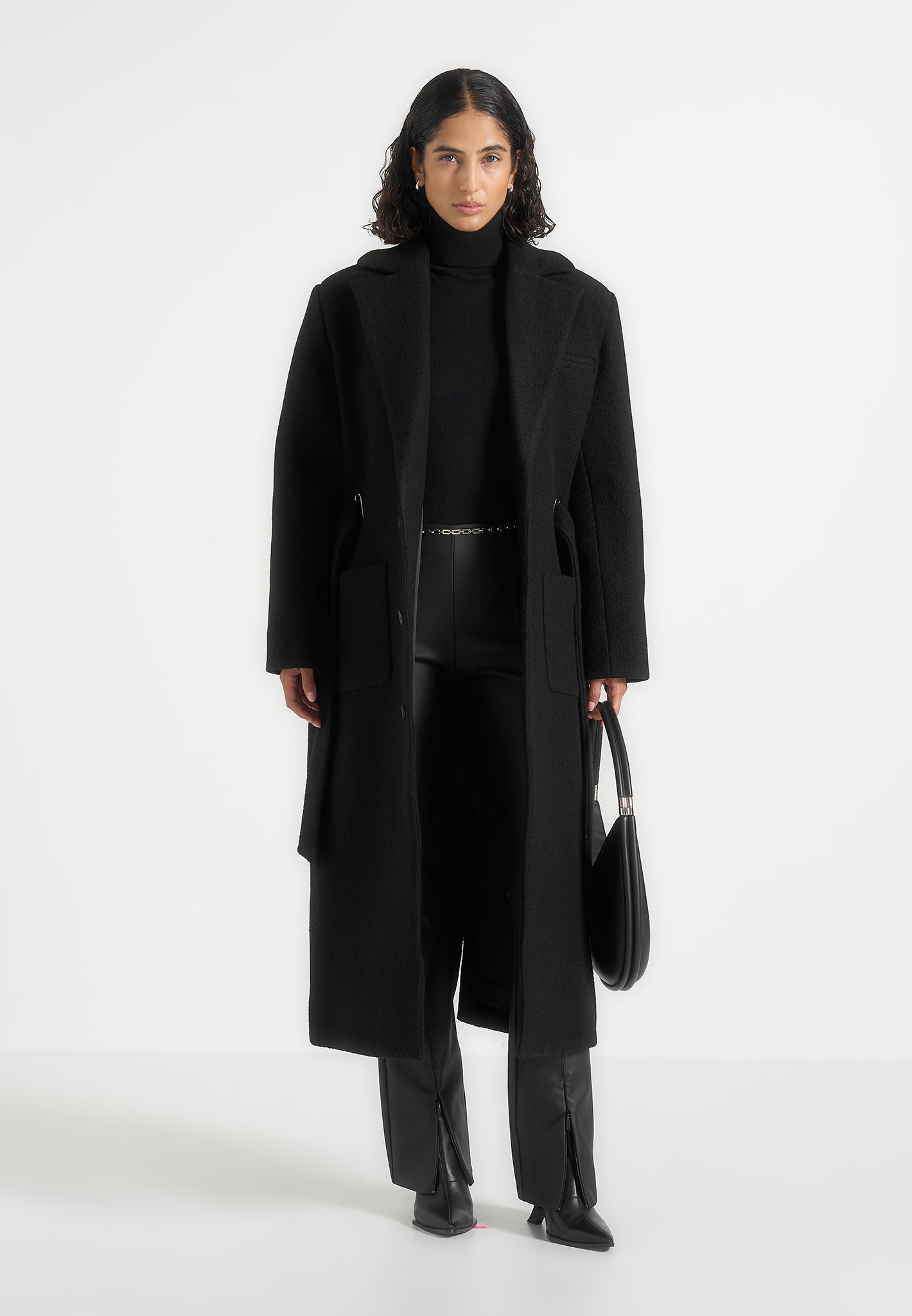 Jena - Wide Shoulder Wool Coat with Cinch Belt - Black | Manière