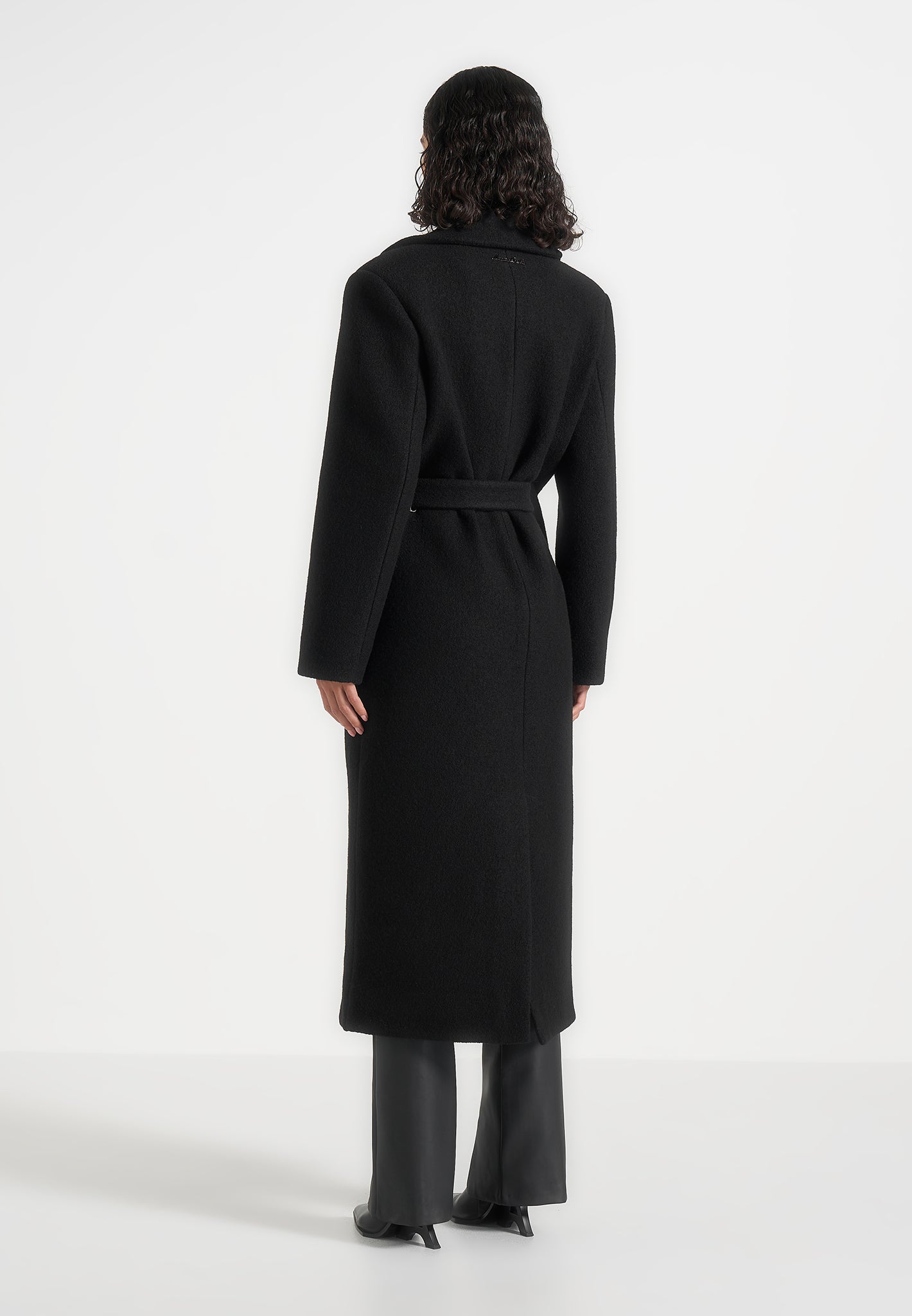 Jena - Wide Shoulder Wool Coat with Cinch Belt - Black | Manière
