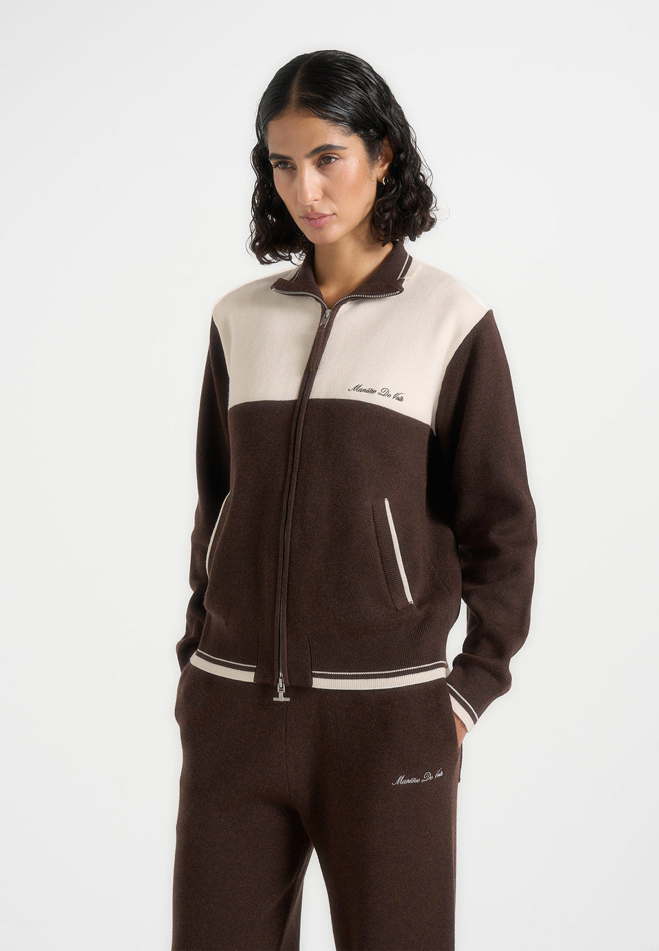 Mathieu - Color Block Signature Knit Jacket - Brown / Cream