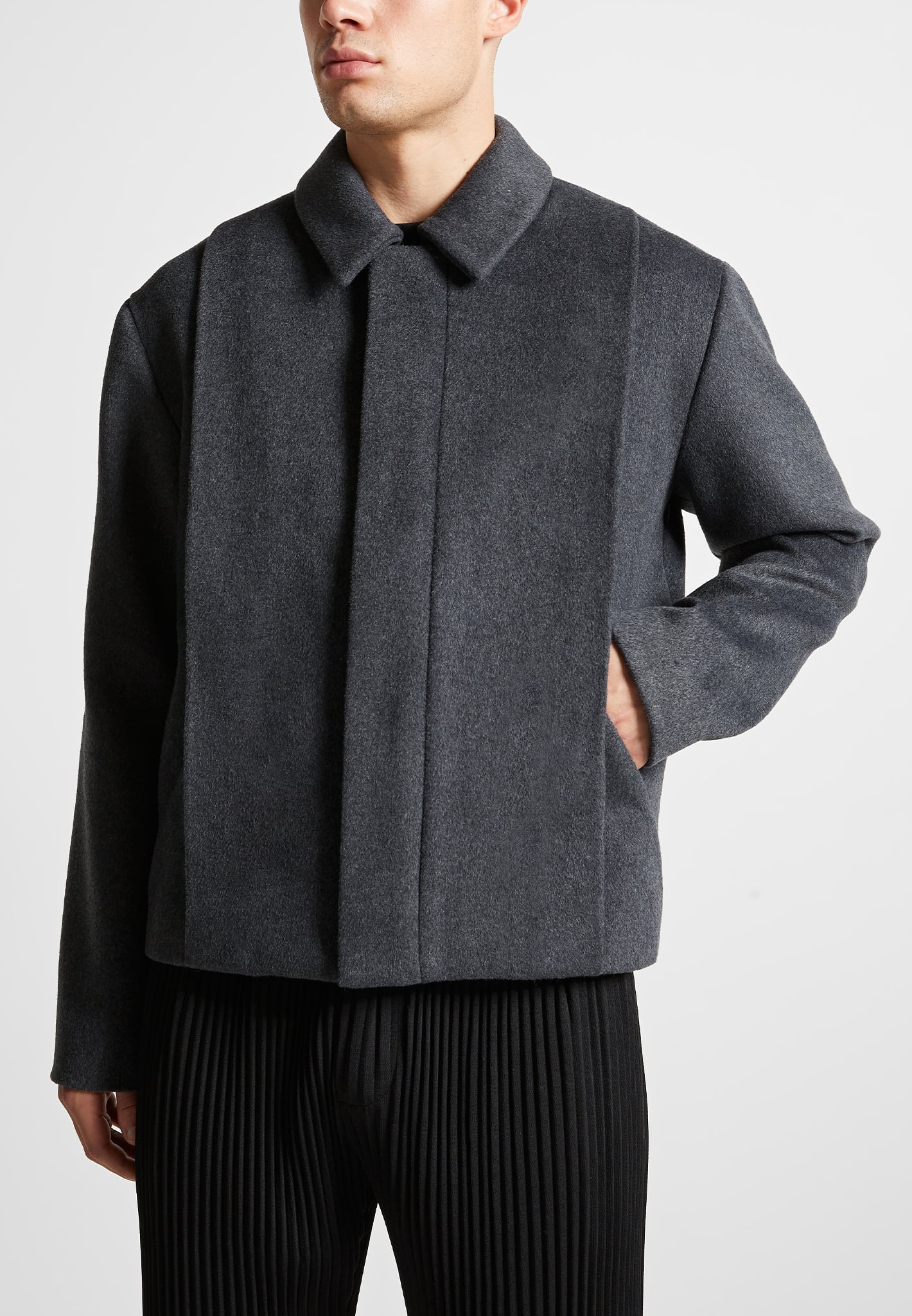 Wool Blend Boxy Jacket with Pleat - Charcoal Grey | Manière De Voir USA