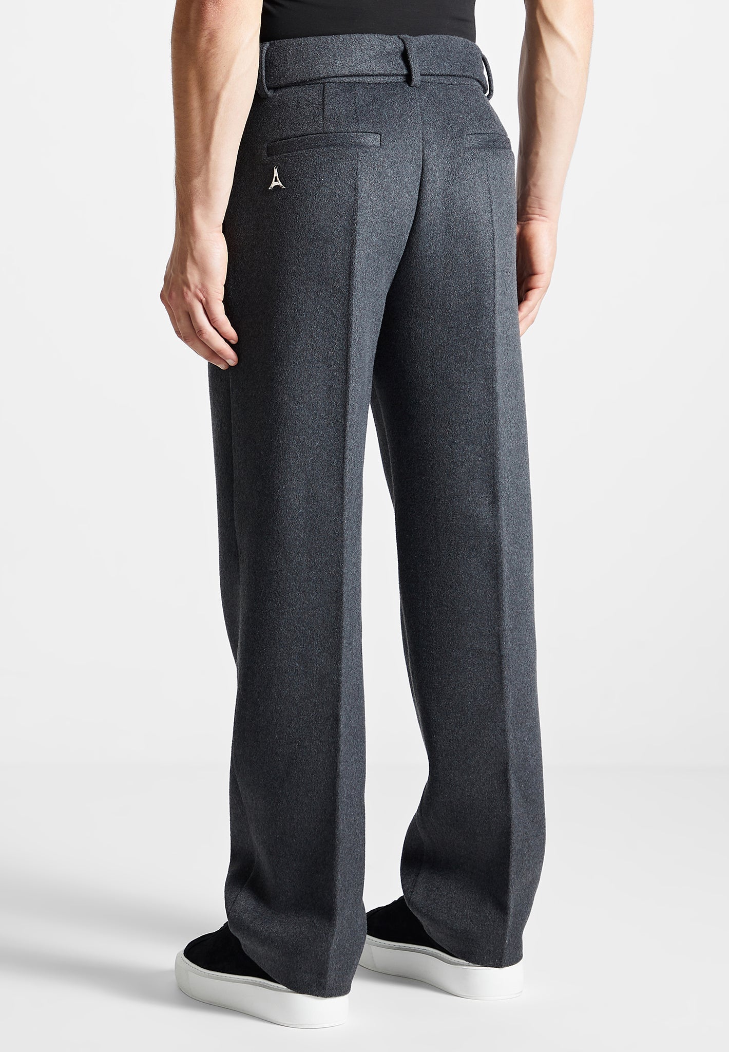 Wool Blend Marl Belted Trousers - Charcoal Grey