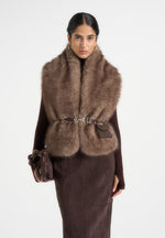 Lira - Belted Fur Wrap Jacket With Pouch - Taupe
