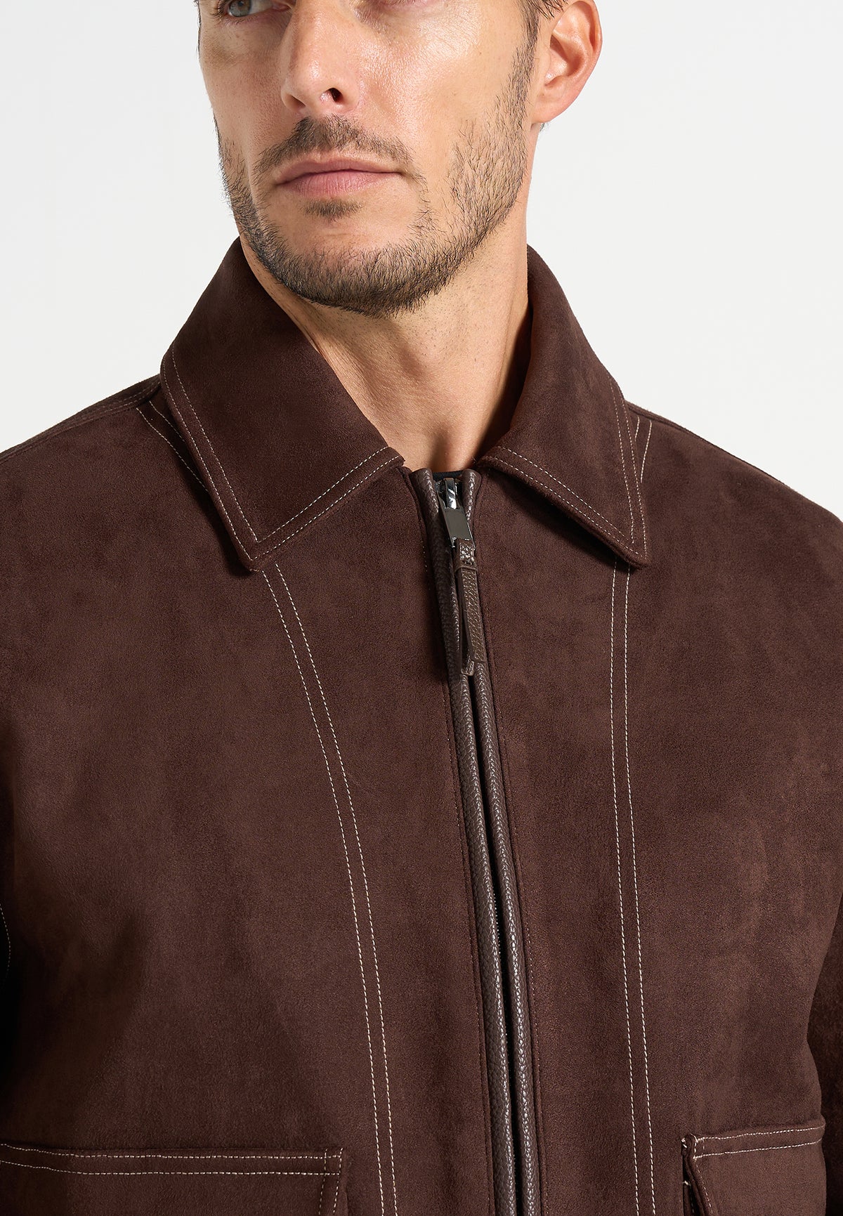 Vince - Suede Contrast Stitch Jacket - Brown