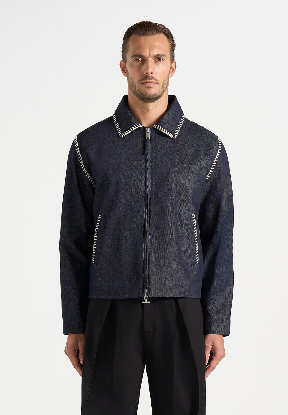 Alex - Whipstitch Boxy Denim Jacket - Indigo