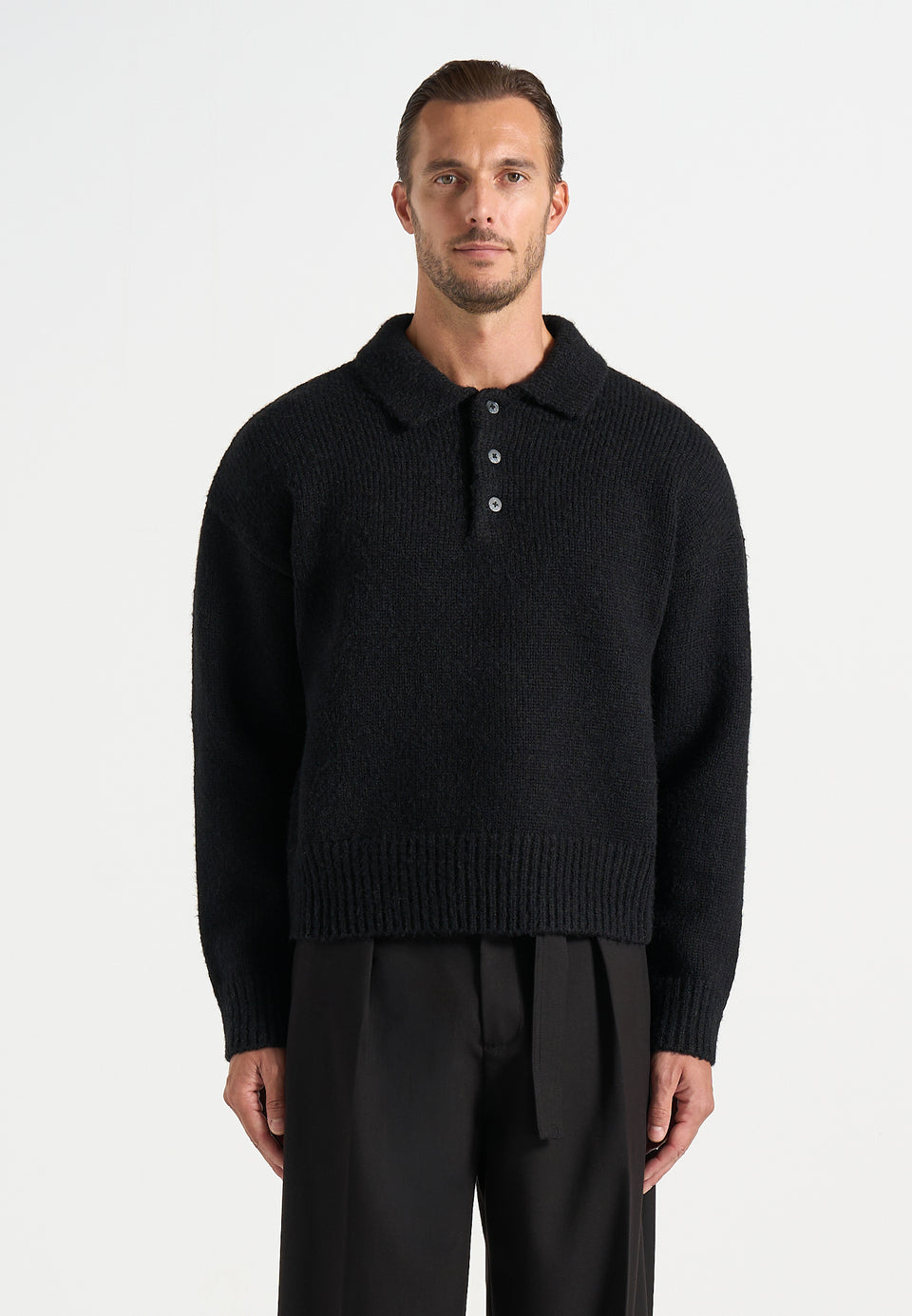 Finn - Brushed Wool-Blend Polo Knit Jumper - Black