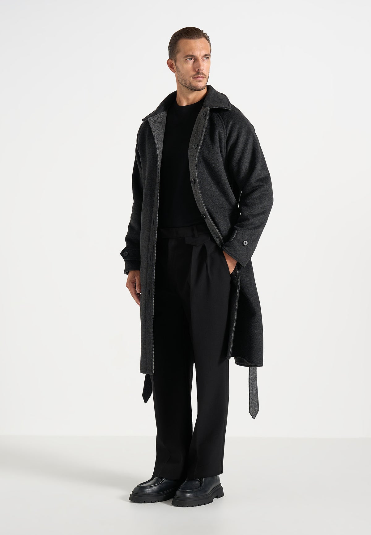 Alfie - Reversible Belted Wool Blend Car Coat - Grey / Black