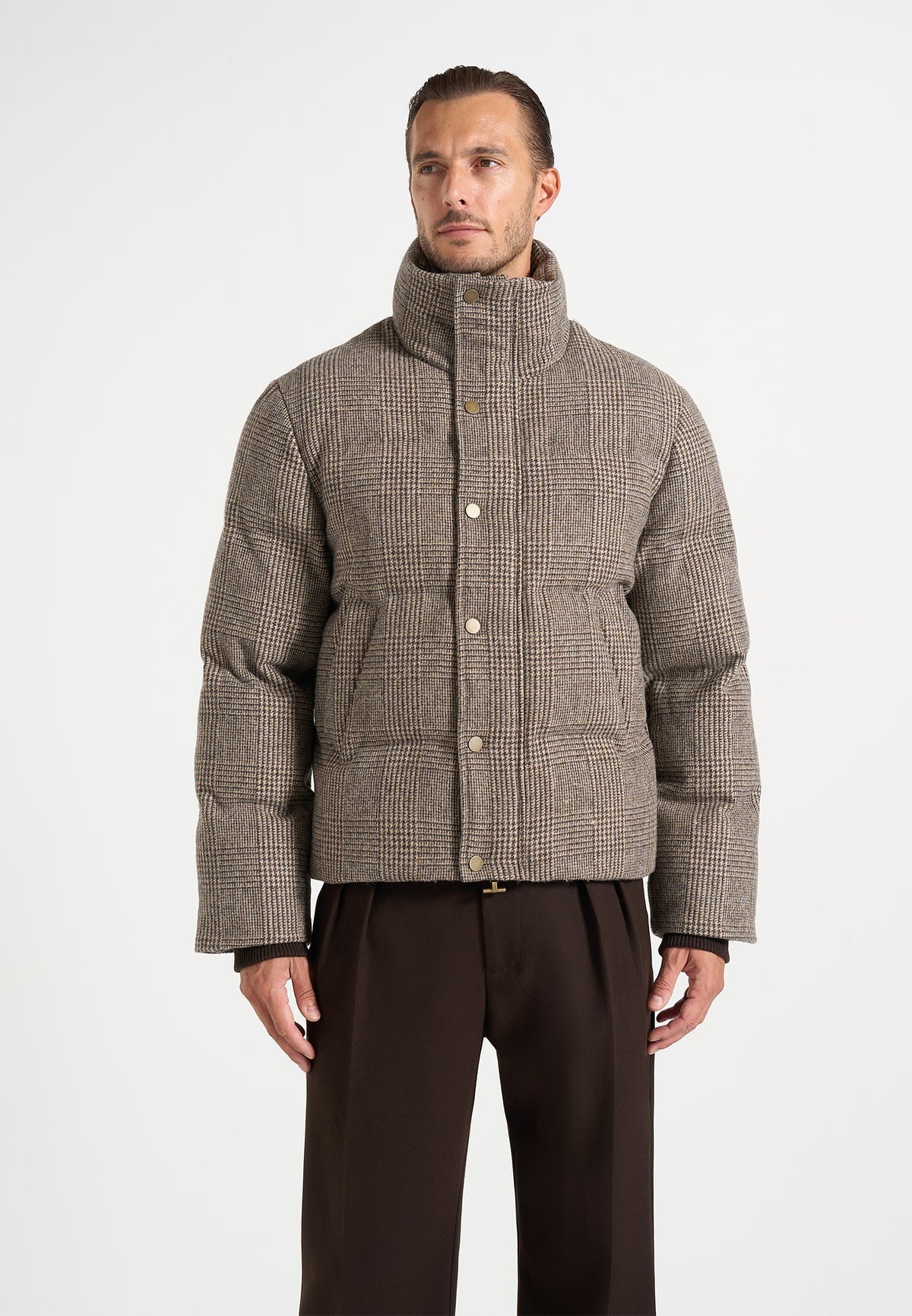 Tate - Check Wool Puffer Jacket - Brown