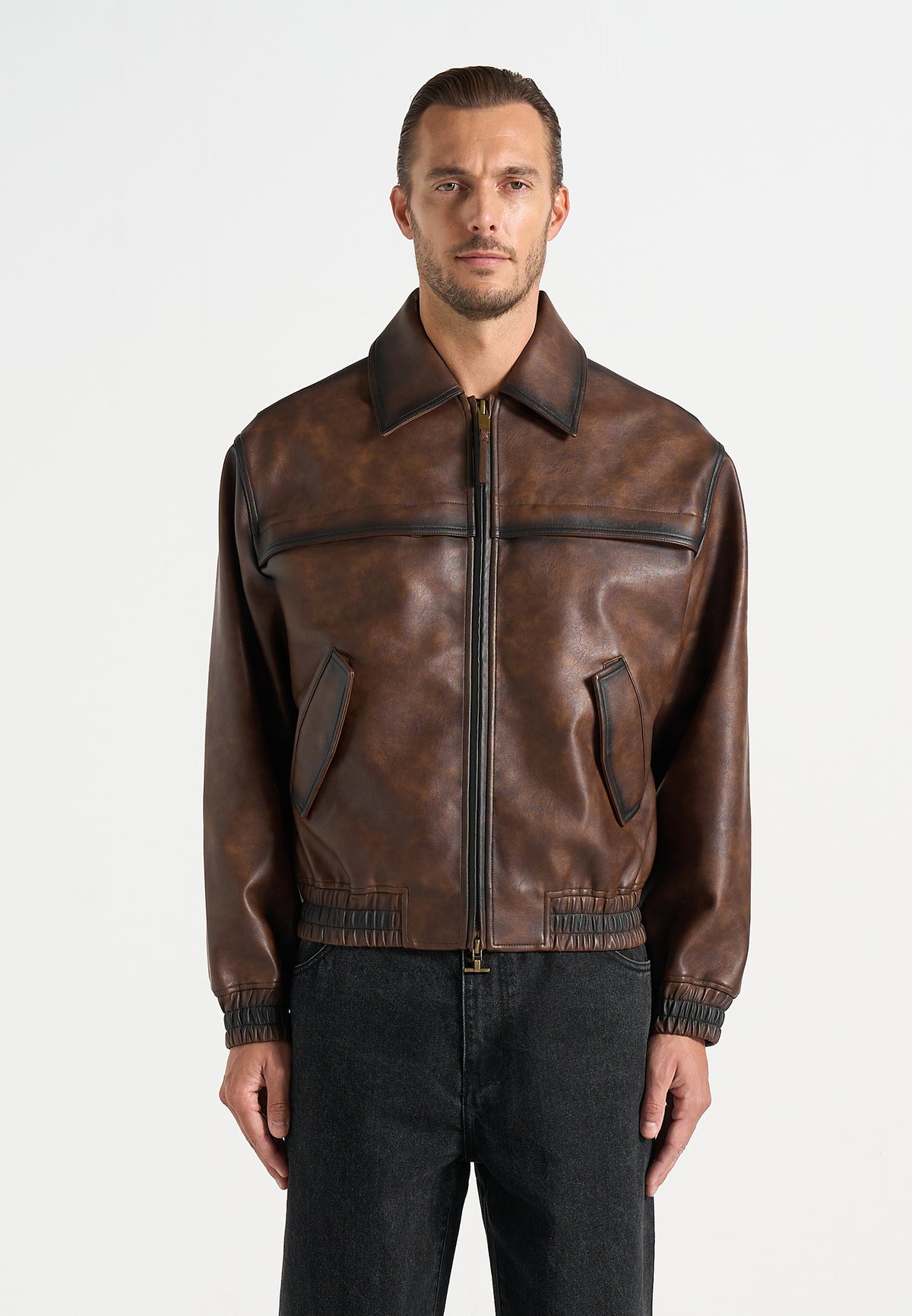 Louka - Vintage Leather Bomber Jacket - Brown