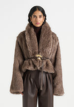 Nola - Fur Shawl Jacket with Leather Belt - Taupe